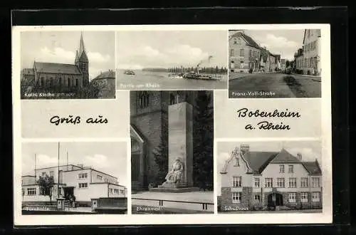 AK Bobenheim a. Rhein, Franz-Voll-Strasse, Schulhaus, Turnhalle, Ehrenmal, Katholische Kirche