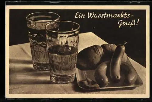AK Dürkheim, Zwei Gläser, ein Brötchen und zwei Würste, Grusskarte vom Dürkheimer Wurstmarkt, Weinfest