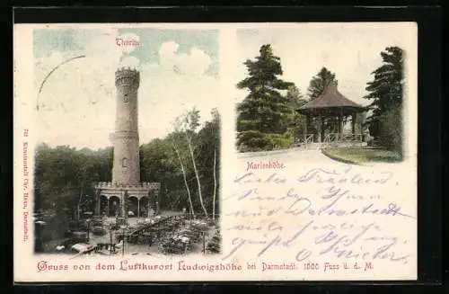 AK Darmstadt, Marienhöhe und Aussichtsturm auf der Ludwigshöhe