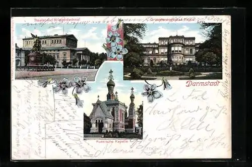 AK Darmstadt, Theater und Kriegerdenkmal, Grossherzogl. Palais, Russische Kapelle