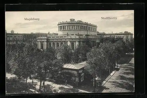 AK Magdeburg, Stadttheater und Cafe-Conditorei aus der Vogelschau