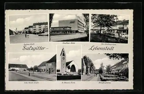 AK Salzgitter-Lebenstedt, Kaufhaus Hertie, St. Johannis Kirche, Berliner Strasse