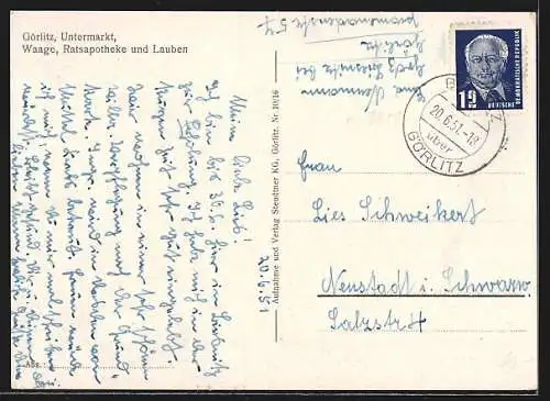 AK Görlitz, Untermarkt mit Ratsapotheke, Waage und Lauben