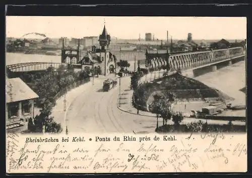 AK Kehl, Rheinbrücken und Strassenpartie mit Strassenbahn