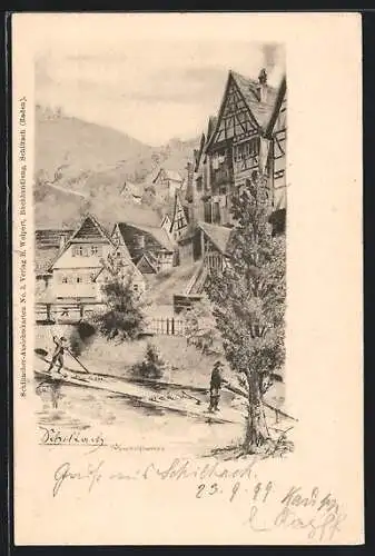 Künstler-AK Schiltach /Schwarzwald, Ortspartie mit Flössern