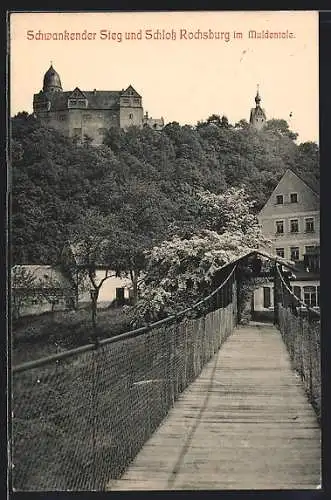 AK Rochsburg i. Muldentale, Partie am schwankenden Steg mit Blick auf das Schloss