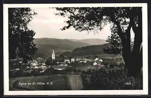 AK Pyhra /St. Pölten, Gesamtansicht mit Bergblick aus der Vogelschau