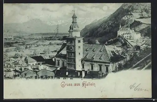 Mondschein-AK Hallein, Teilansicht mit Bergpanorama aus der Vogelschau