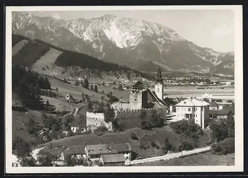 AK Puchberg am Schneeberg, Teilansicht mit Ruine, Kirche und Bergblick