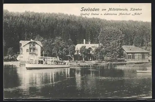 AK Seeboden am Millstättersee, Gasthof Steiner und elektr. Motorboot Aribo