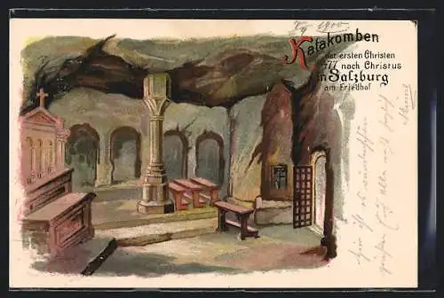 AK Salzburg, Blick in die Friedhofs-Katakomben der ersten Christen 477 n. Chr.