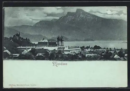 Mondschein-AK Mondsee, Teilansicht mit Kirche