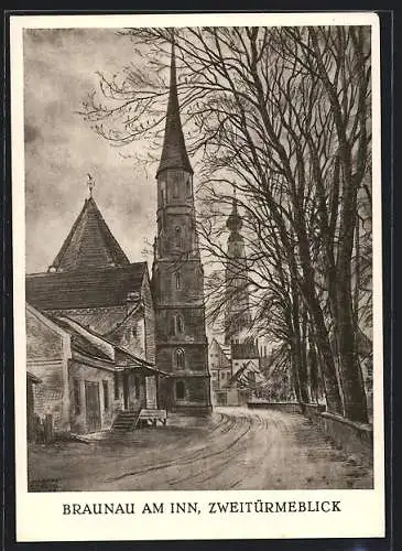 Künstler-AK Braunau, Zweitürmeblick, Bürgerspitalkirche zum hl. Geist, St. Stephanskirche