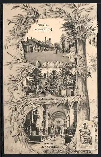 AK Maria Lanzendorf, Strassenpartie, Kalvarienberg, Kircheinneres, Kleiner Junge mit Violine, Vögel, Gnadenbild