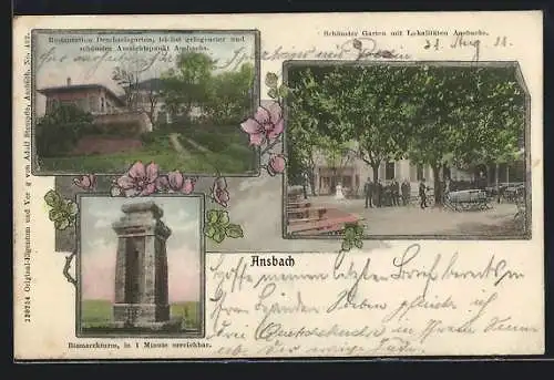 AK Ansbach, Restaurant Drechselgarten, Garten, Bismarckturm