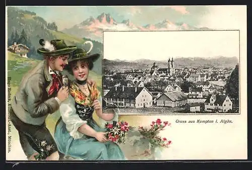 Passepartout-Lithographie Kempten / Allgäu, Teilansicht der Stadt, Allgäuer Paar in Tracht