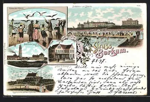 Lithographie Borkum, Hotel D. Bakker jr., Badeleben am Strande, Elektrischer Leuchtturm