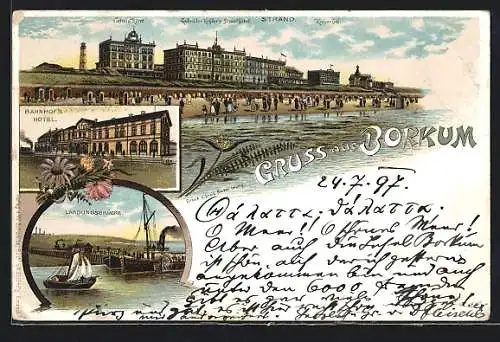 Lithographie Borkum, Strand mit Gebrüder Kühler`s Strandhotel, Hotel Kaiserhof und Victoria-Hotel, Bahnhof`s Hotel