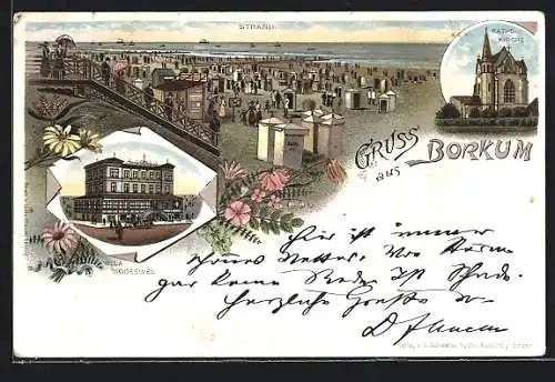 Lithographie Borkum, Hotel Villa Bodeewes, Kathol. Kirche