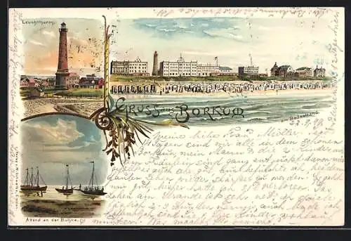 Lithographie Borkum, Badestrand, Leuchtturm und Abend an der Buhne