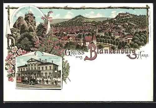 Lithographie Blankenburg / Harz, Totalansicht der Stadt, Bahnhof, Grossvater