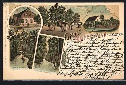 Lithographie Burg / Spreewald, Gasthaus Wotschofska, Forsthaus Eiche und Kanowmühle