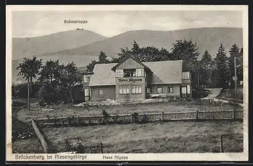 AK Brückenberg /Riesengebirge, Pension Haus Mignon Th. Breiter, mit Schneekoppenblick