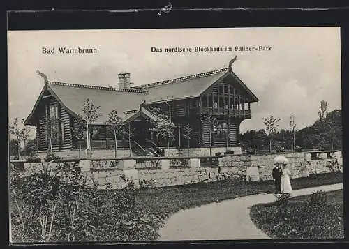 AK Bad Warmbrunn, Nordisches Blockhaus im Füllner-Park