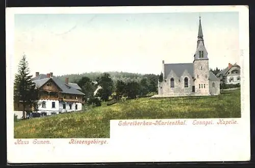 AK Schreiberhau-Marienthal, Evangl. Kapelle, Haus Sunem