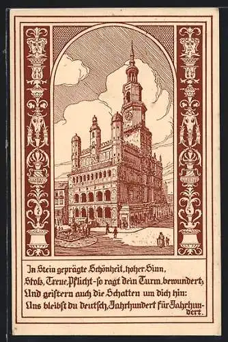 Künstler-AK Posen / Poznan, Rathaus mit Spruch