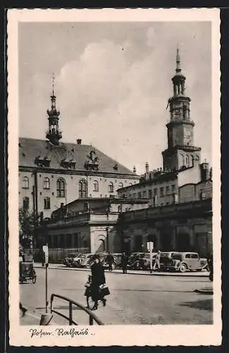 AK Posen, Rathaus mit Strassenpartie