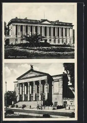 AK Posen / Poznan, Ansicht von Bibliothek und Stadttheater