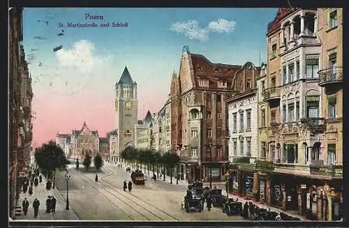 AK Posen-Poznan, Blick in die St. Martinstrasse und Blick zum Schloss