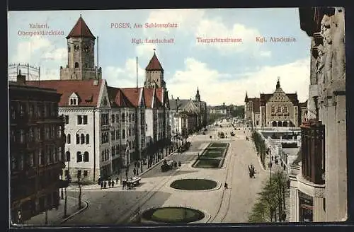 AK Posen / Poznan, Schlossplatz mit Oberpostdirektion, Landschaftsdirektion und Blick in die Tiergartenstrasse
