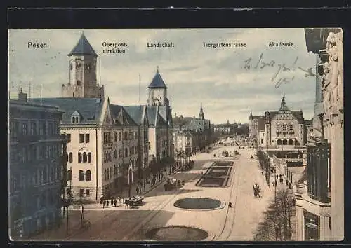 AK Posen, Tiergartenstrasse mit Oberpostdirektion, Landschaft und Akademie, Strassenbahn