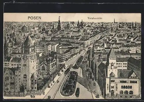 Künstler-AK Posen, Totalansicht und Strassenpartie mit Strassenbahn