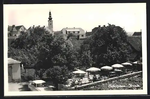 AK Söchau, Ortspartie mit Gartenwirtschaft und Auto