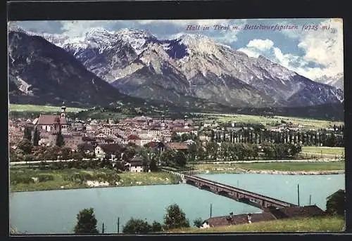 AK Hall /Tirol, Ortsansicht mit Bettelwurfspitzen und Brücke