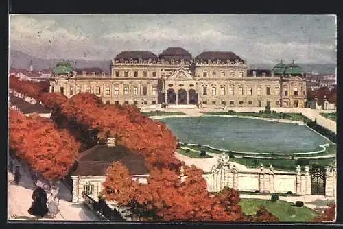 Künstler-AK Wien, Belvedere mit Anlagen aus der Vogelschau