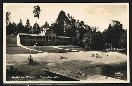 AK Faak am See, Insel-Strandbad mit Badegästen