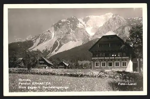 AK Ramsau /Dachstein, Pension Erharter, Blick gegen d. Dachsteingebirge