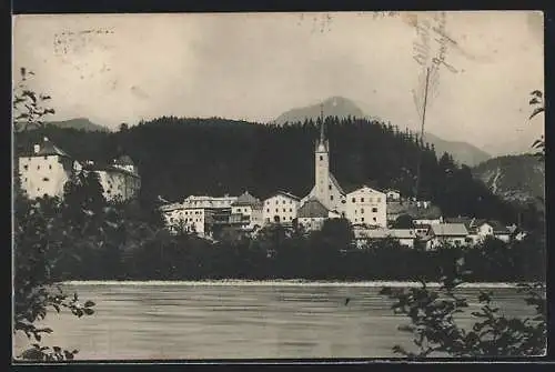AK Golling, Blick übers Wasser zum Ort mit Kirche
