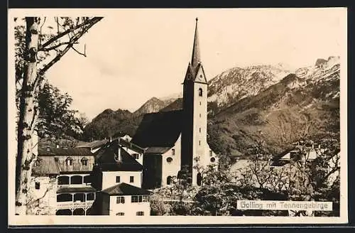 AK Golling, Ortsansicht mit Kirche und Tennengebirge