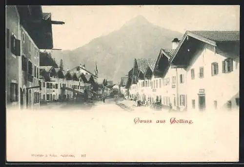 AK Golling, Strassenpartie mit Wohnhäusern und Blick zur Kirche