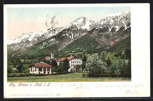 AK Hall in Tirol, Heilig Kreuz, Gesamtansicht mit Gebirgswand