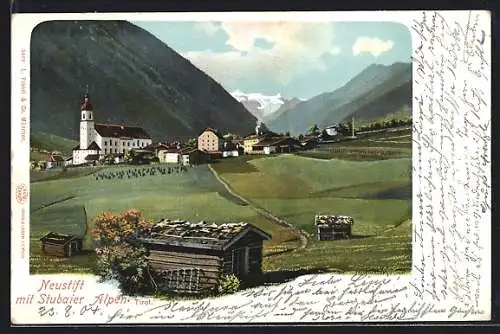 AK Neustift im Stubai, Ortsansicht gegen die Stubaier Alpen