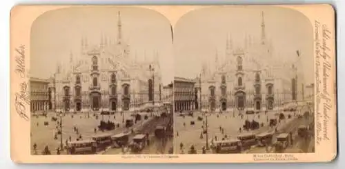 Stereo-Fotografie J. F. Jarvis, Washington, Ansicht Milan, Cathedral, Kathedrale mit Strassenbahn