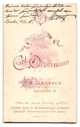 Fotografie Carl Oppermann, M. Gladbach, Bahnhofstr. 18, Junger Herr Rudolf im schwarzen Anzug mit seichtem Schnurrbart