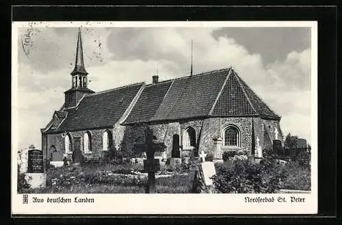AK St. Peter / Nordsee, Kirche mit Friedhof