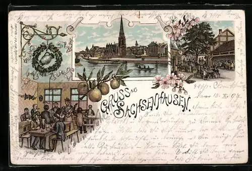Lithographie Sachsenhausen, Inneres Gasthaus, Garten, Uferpartie mit Kirche